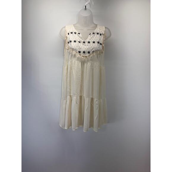 Yak & Yeti Ivory Lined Boho Short Dress V Neck Tasseled Women’s Size Large - Picture 1 of 7
